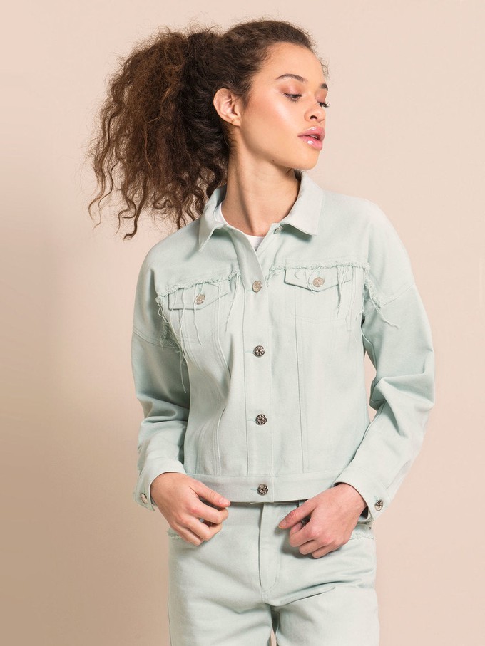 Frayed Denim Jacket, Upcycled Cotton, in Light Blue from blondegonerogue