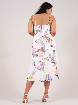 Flower Power Midi Dress with Slit, Upcycled Viscose, in White Flower Print from blondegonerogue