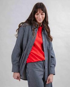 Striped denim long overshirt via Brand Mission