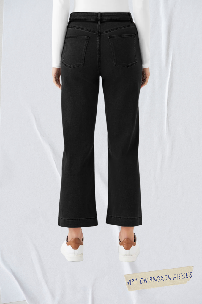 DEW Flared Cropped Soft Denim - French Pocket - Black Denim - Art on Broken Pieces from DAWN Denim