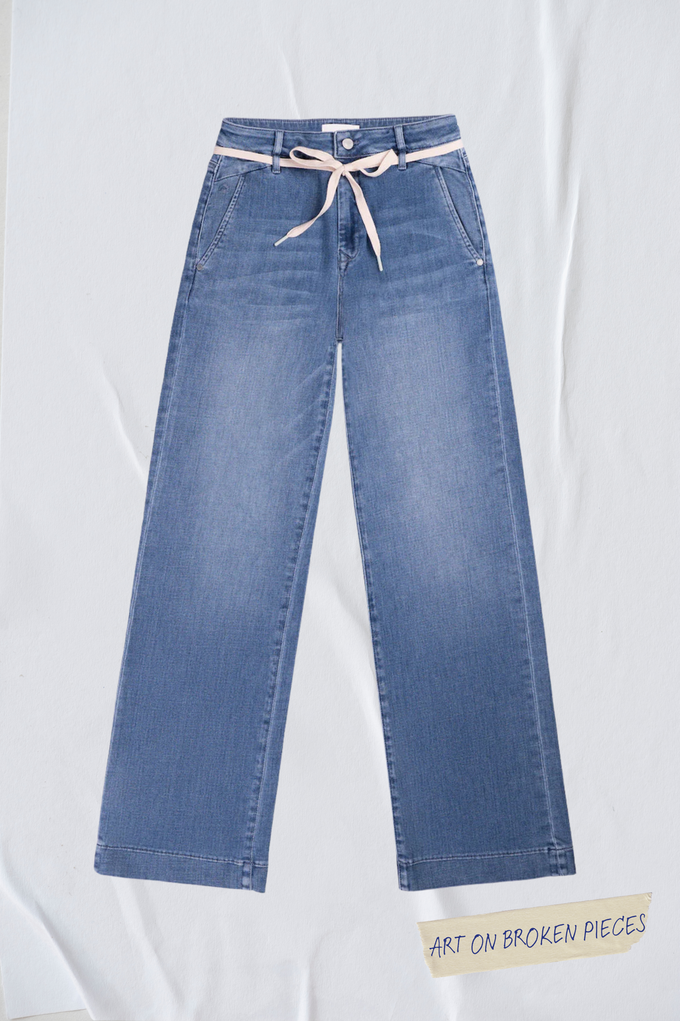 DEW Flared Soft Denim - French Pocket - Medium Blue - Art on Broken Pieces from DAWN Denim