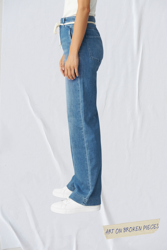 DEW Flared Soft Denim - French Pocket - Medium Blue - Art on Broken Pieces from DAWN Denim