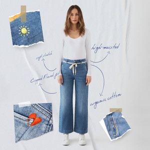 DEW Flared Cropped Soft Denim - French Pocket - Medium Blue - Art on Broken Pieces from DAWN Denim