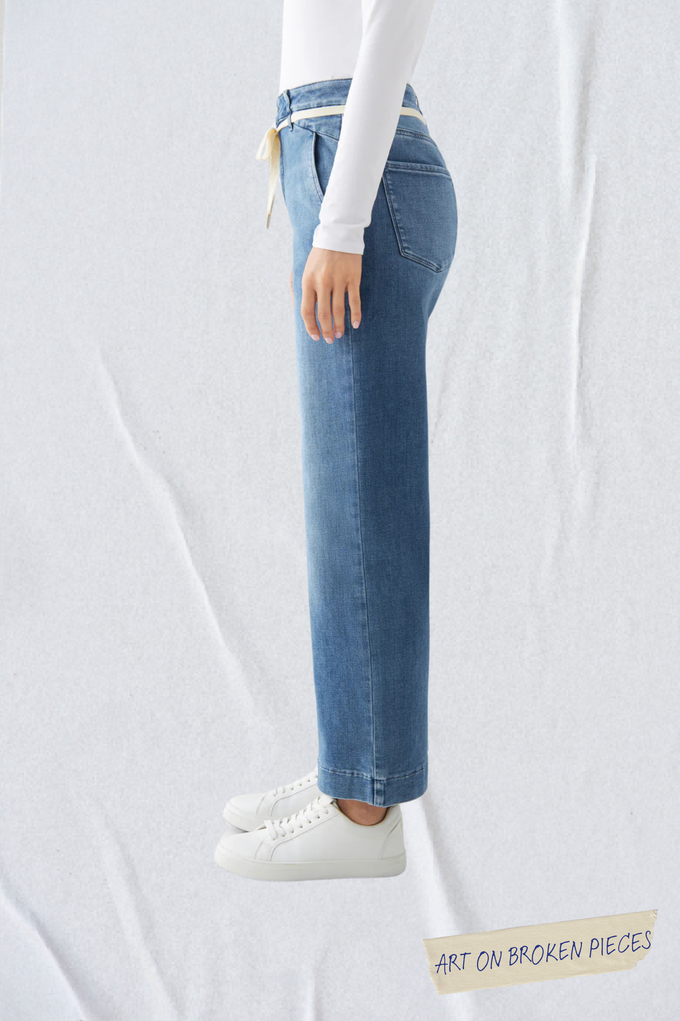 DEW Flared Cropped Soft Denim - French Pocket - Medium Blue - Art on Broken Pieces from DAWN Denim