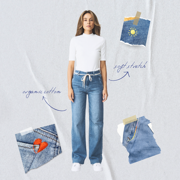 DEW Flared Soft Denim - French Pocket - Medium Blue - Art on Broken Pieces from DAWN Denim