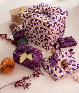 Furoshiki Gift Wrap Gold Moons & Plum Diamonds Fabric Gift Wrap - Double Sided (Reversible) from FabRap
