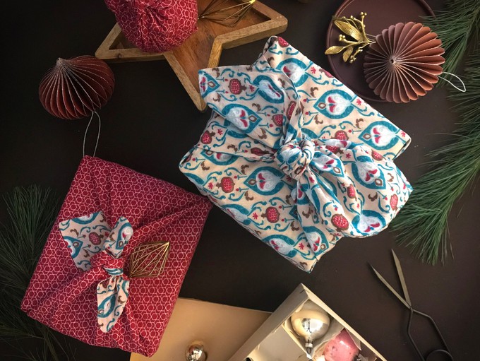 Teal & Cherry Fabric Gift Wrap Furoshiki Cloth - Double Sided (Reversible) from FabRap