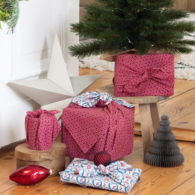 Furoshiki Gift Wrap - 6 Piece Teal & Cherry Bundle - Fabric Gift Wrap from FabRap