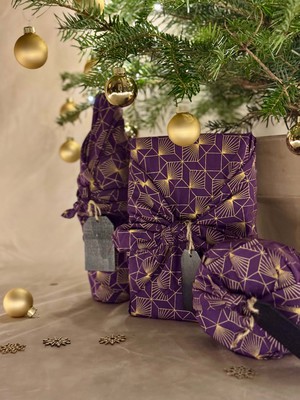 Furoshiki 12 Piece Style Bundle - Plum Diamonds & Gold Moons from FabRap