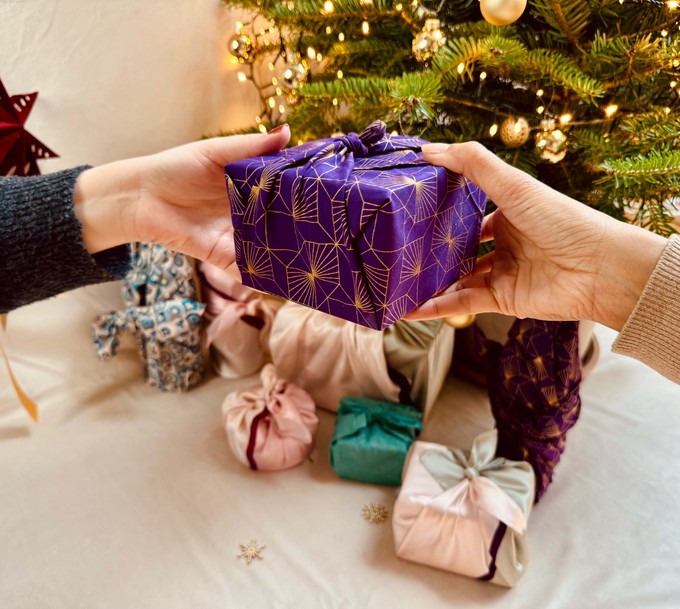 Furoshiki 12 Piece Style Bundle - Plum Diamonds & Gold Moons from FabRap