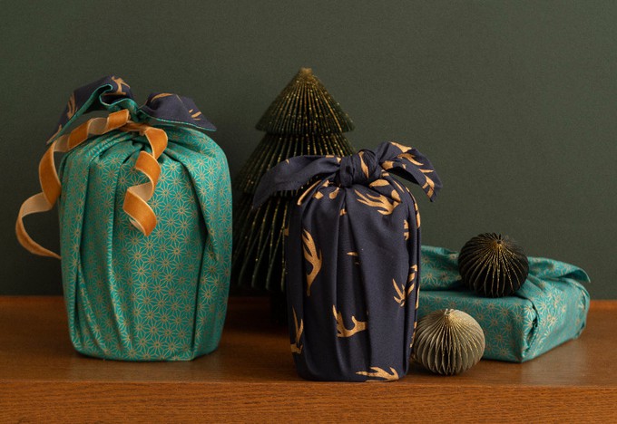 Furoshiki Gift Wrap - 3 Pack (Sizes S, M & L) Double Sided Bundle - Jade & Midnight Reindeers from FabRap