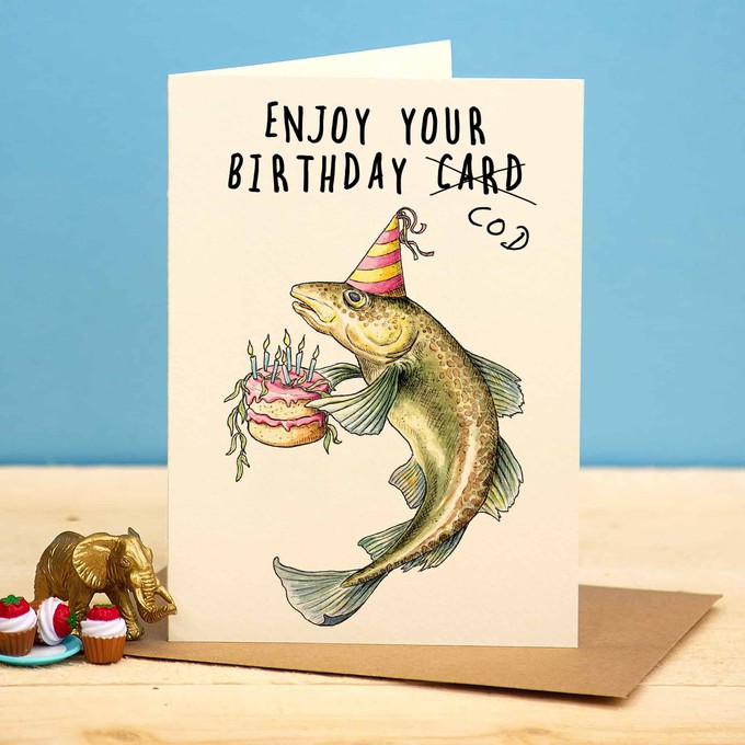 Wenskaart kabeljauw "Enjoy your birthday cod" from Fairy Positron