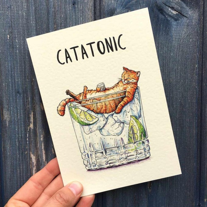 Wenskaart kat "Catatonic" from Fairy Positron