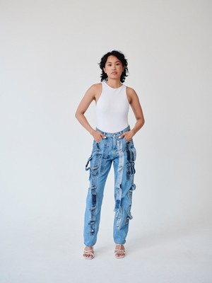 High Waisted Organic & Recycled Denim Trimmed Blue Jeans from Fanfare Label