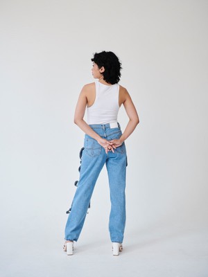 High Waisted Organic & Recycled Denim Trimmed Blue Jeans from Fanfare Label