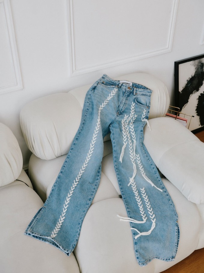 High Waisted Upcycled Thread Flare Jeans, Blue Denim from Fanfare Label