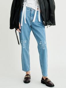 Neo Knee High Waisted Organic Mom Fit Embroidered Jeans via Fanfare Label