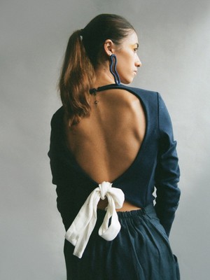 Organic Cotton Navy Backless Jumper With White Bow from Fanfare Label