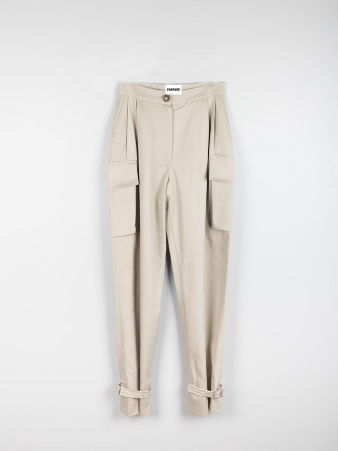 Organic Cotton Utility Cargo Pant With Buckles In Beige from Fanfare Label