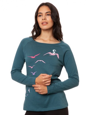 Raglan Longsleeve Möwenflug atlantic teal from FellHerz T-Shirts - bio, fair & vegan