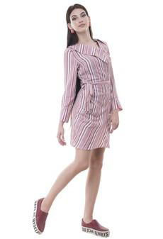 Multi-coloured striped dress with collar & belt van Grab Your Garb