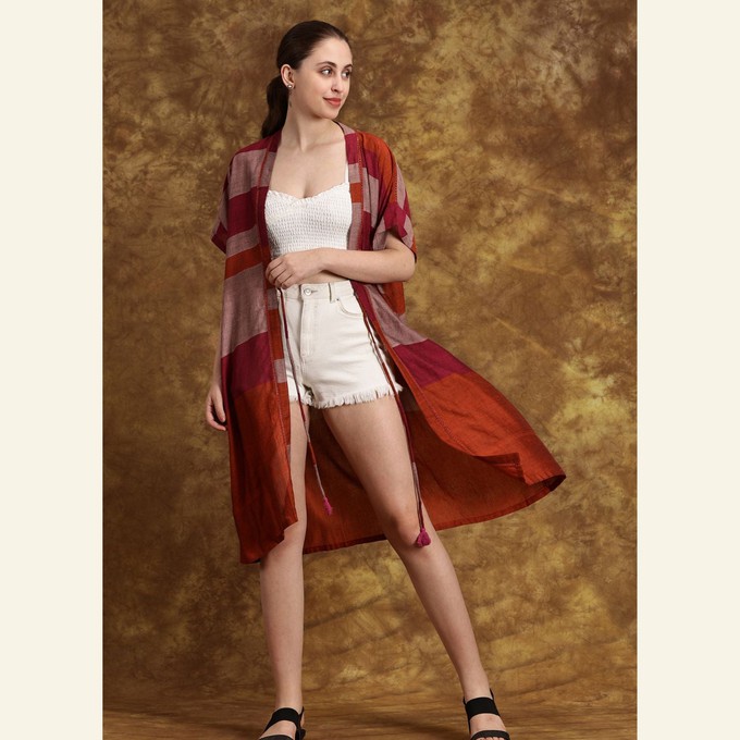 Handwoven Cotton Pink Rust Orange Summer Kimono - Lightweight And Boho-Chic from Heritage Moda