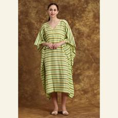 Yellow Maxi Dress Kaftan  With Green & Blue Stripes – Breezy & Vibrant Summer Wear via Heritage Moda