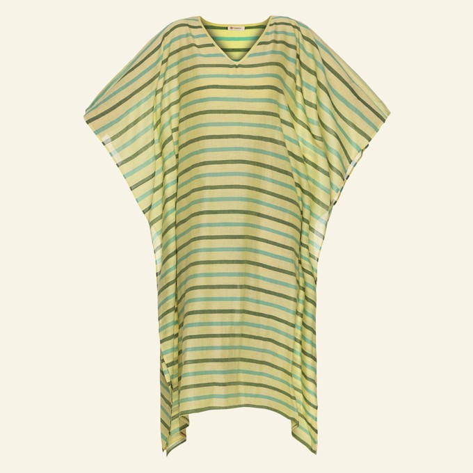 Yellow Maxi Dress Kaftan  With Green & Blue Stripes – Breezy & Vibrant Summer Wear from Heritage Moda