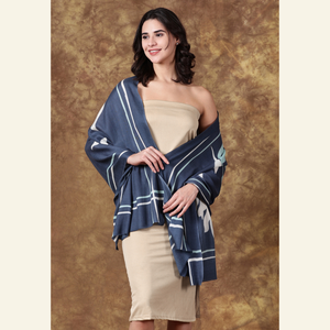 Luxury Wool-Silk Scarf – Hand-Painted Midnight Blue with Pastel Floral Print from Heritage Moda