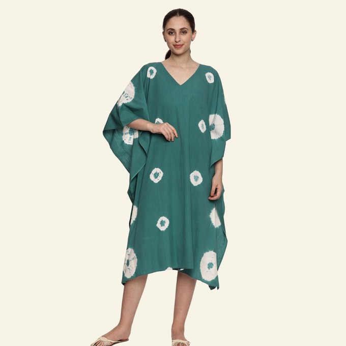 Handwoven Cotton Emerald Green Tie Dye Kaftan Dress from Heritage Moda