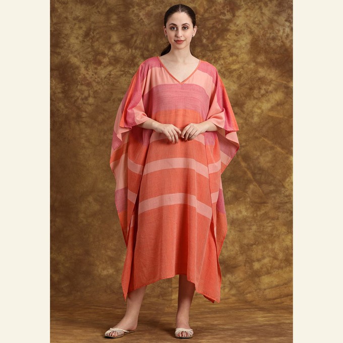 Pink & Orange Sheer Cotton Caftan  Dress – Lightweight & Breezy Resort Wear from Heritage Moda