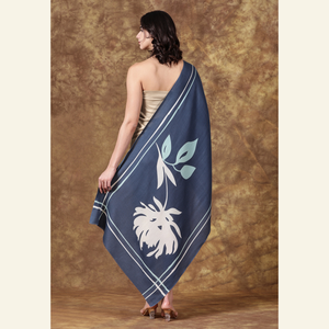 Luxury Wool-Silk Scarf – Hand-Painted Midnight Blue with Pastel Floral Print from Heritage Moda