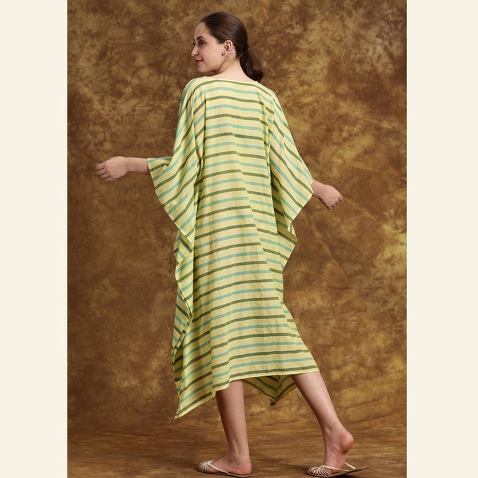 Yellow Maxi Dress Kaftan  With Green & Blue Stripes – Breezy & Vibrant Summer Wear from Heritage Moda