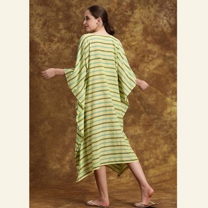 Yellow Maxi Dress Kaftan  With Green & Blue Stripes – Breezy & Vibrant Summer Wear from Heritage Moda