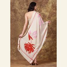 Luxury Wool-Silk Scarf – Hand-Painted Ivory with Red & Pink Floral Design via Heritage Moda