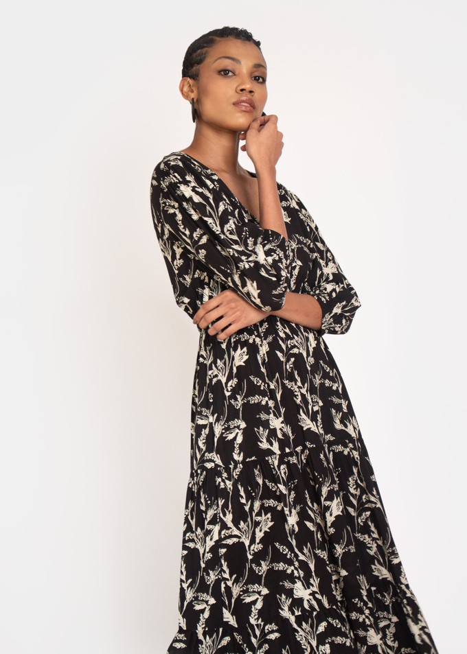 Kalmia Tiered Maxi dress in Black and white sketch floral from Hide The Label