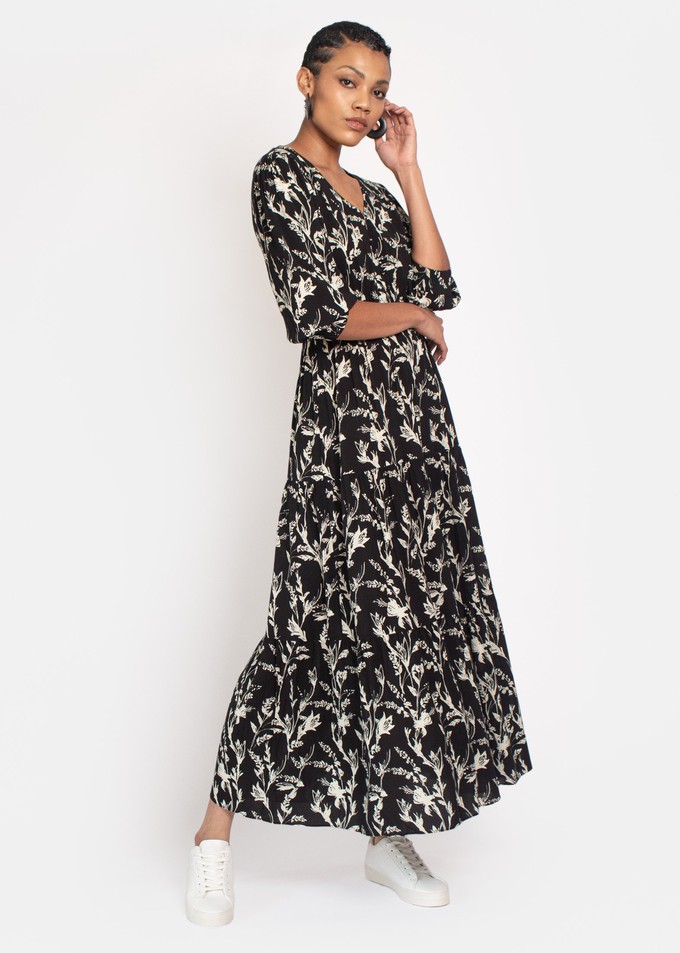 Kalmia Tiered Maxi dress in Black and white sketch floral from Hide The Label