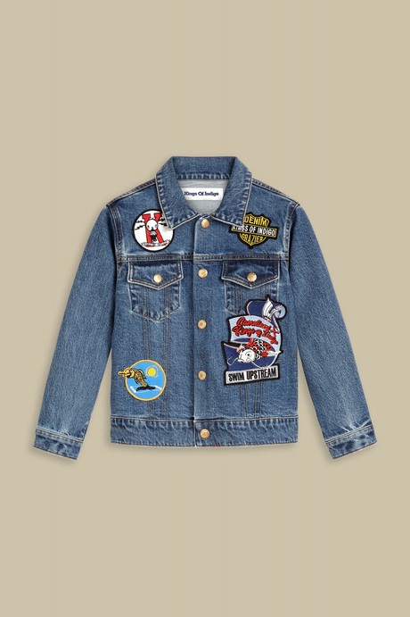 KIDS JACKET | BIO STRETCH BLUE BADGE ALLOVER from Kings of Indigo