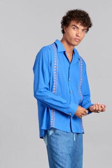 NILE - Organic Cotton Shirt Bali Fans Embroidery Sapphire Blue via KOMODO