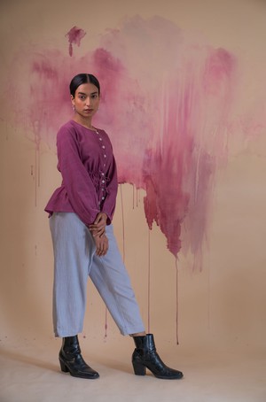 Phosphene Ruched Blouse & Grey Pants Set from Lafaani