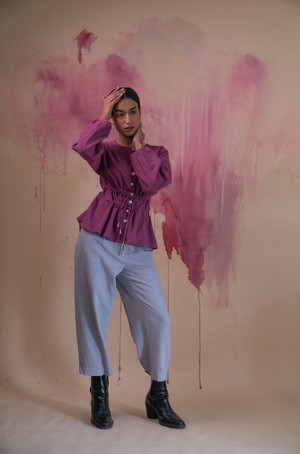 Phosphene Ruched Blouse & Grey Pants Set from Lafaani