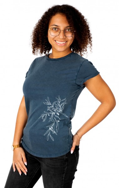 Fairwear Organic Shirt Women Stone Washed Blue Olive Branch from Life-Tree