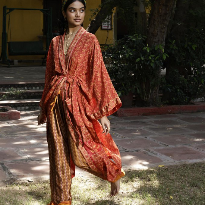 If Saris Could Talk Maxi Kimono- Autumn Leaves from Loft & Daughter