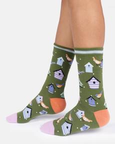 Thought katoenen damessokken met vogelhuisjes olive green via Lotika