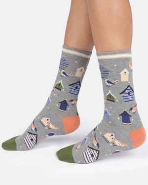 Thought katoenen damessokken met vogelhuisjes grey marl from Lotika