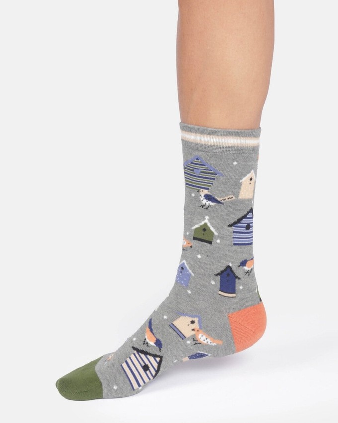 Thought katoenen damessokken met vogelhuisjes grey marl from Lotika
