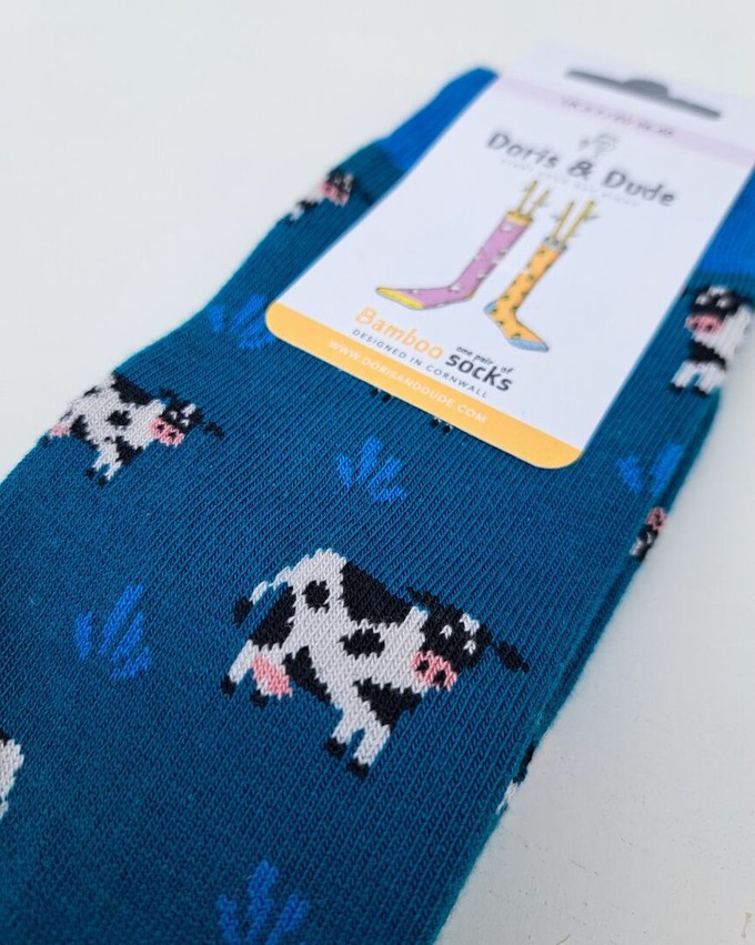 Doris & Dude bamboe damessokken koeien teal blauw from Lotika
