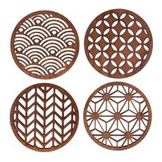 Japanese Patterns Upcycled Teak Wood Coasters - Individual / Set of 4 van Paguro Upcycle