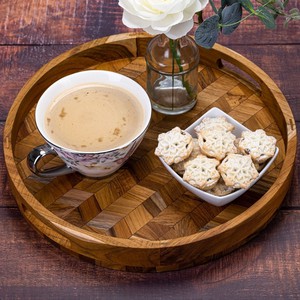 Herringbone Pattern Round Wooden Serving Tray from Paguro Upcycle