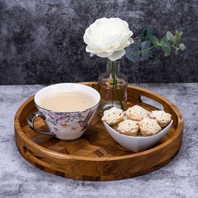 Herringbone Pattern Round Wooden Serving Tray from Paguro Upcycle